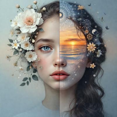 The primary subject of the image is a woman with a flower crown on her head. She is wearing a white shirt and has a pink flower in her hair. The setting is a beach, with the sun in the background. The visual style is a combination of a photo and digital art, creating a unique and artistic representation of the woman. The colors and mood of the image are warm and inviting, with the sun and beach creating a sense of relaxation and enjoyment.